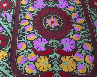 Handmade Suzani Bedspread, Embroidered Cotton Queen Bedcover