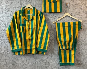 Handbedrucktes Pyjama-Set aus Baumwolle: Gestreifte Damennachtwäsche