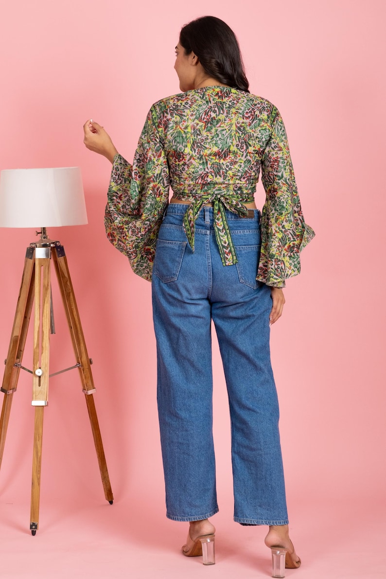 Recycled Silk Wrap Blouse, Hippie Fairy Core Crop Top, Front Tie Silk