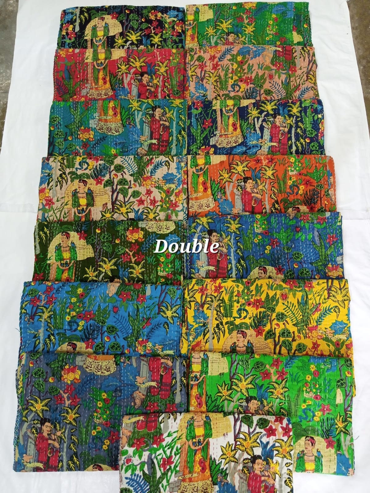 Sky Blue Bohemian Tropical Kantha Quilts Twin Size Sofa Throw Blanket with Cotto