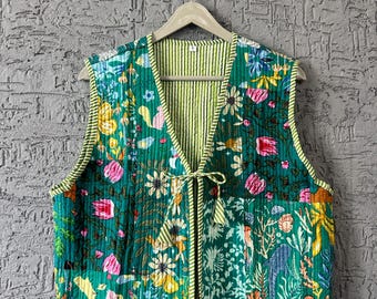Hand Block Print Quilted Vest: Reversible Boho Cotton Jacket
