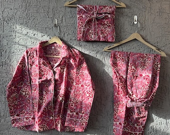 Hand Block Print Cotton Pajama Set: Floral Indian Nightwear