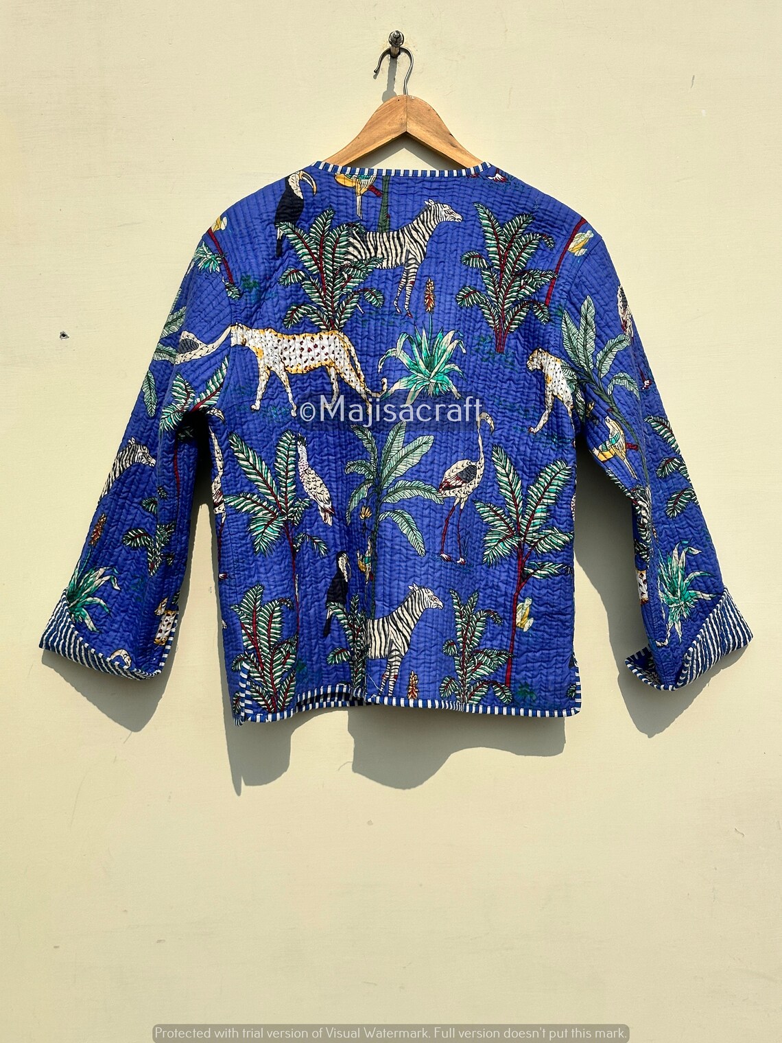 Cotton Quilted Jacket Women Wear Front Open Kimono Stripe Piping