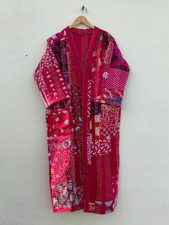 Floral Kantha Robe, Handmade Boho Tie Belt Coat
