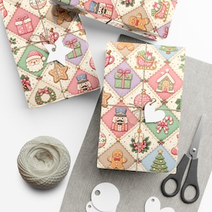 May include: Wrapping paper featuring a diamond-patterned grid with Christmas illustrations including nutcrackers, gingerbread men, Santa Claus, gift boxes, sleighs, candy canes, and wreaths in pastel pink, green, blue, and cream tones.
