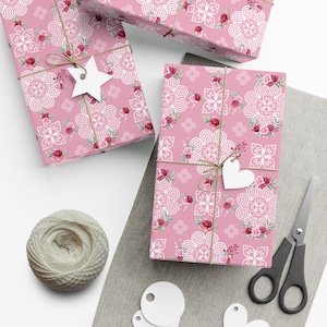 Gift Wrap Papers - Hmong Inspired Design - Pink and Red Roses Watercolor Florals Flowers White on Pink BG - Birthday Holiday Christmas Wrap