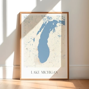 Affiche de carte du lac Michigan, carte du lac Michigan, idée cadeau des Grands Lacs, carte du Wisconsin, décoration de maison sur le lac, cadeau nautique carte imprimable du Michigan