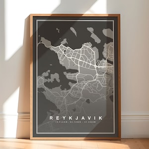Affiche de carte de Reykjavik, impression de carte d'Islande, toutes les oeuvres d'art de la ville, tirages de carte de la ville, décoration murale de bureau, impression de carte personnalisée en téléchargement numérique, cadeau de carte de la ville