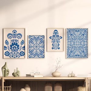 4er Set Moderne Folklore-Galerie - Wanddekoration, königsblaue Blumen Kunst Set, Skandinavische Folklore-Kunst, Wohnzimmer Wandkunst, Mid Century Modern