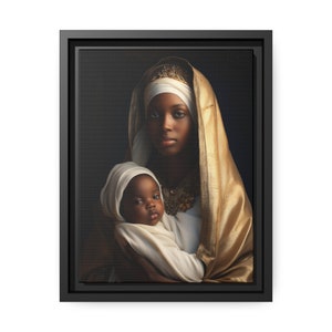 Unsere Liebe Frau von Kibeho hält Kind Jesus - Matte Leinwand Kunstdruck, schwarzer Kiefernholzrahmen, fertig zum Aufhängen