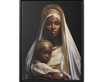 Our Lady of Kibeho holding child Jesus  - Matte Canvas Art Print, Black Pinewood Frame, Ready To Hang
