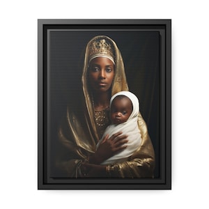 Unsere Liebe Frau von Kibeho hält Kind Jesus - Matte Leinwand Kunstdruck, schwarzer Kiefernholzrahmen, fertig zum Aufhängen