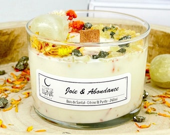 Bougie Fleurs et Pierres Naturelles | "Joie et Abondance" | Bois de Santal | Citrine et Pyrite