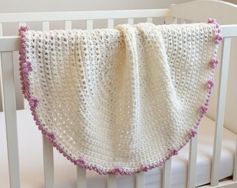 Patrón de crochet fácil: manta de bebé redonda con flores, hecha a mano, ideal para regalo y cochecito. Apto para principiantes (solo en inglés).