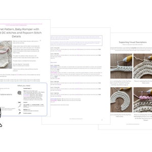 May include: Crochet pattern for a baby romper with twisted double crochet stitches and popcorn stitch details. The pattern includes instructions, stitch abbreviations, and visual descriptions.