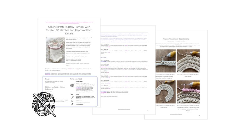 May include: Crochet pattern for a baby romper with twisted double crochet stitches and popcorn stitch details. The pattern includes instructions, stitch abbreviations, and visual descriptions.