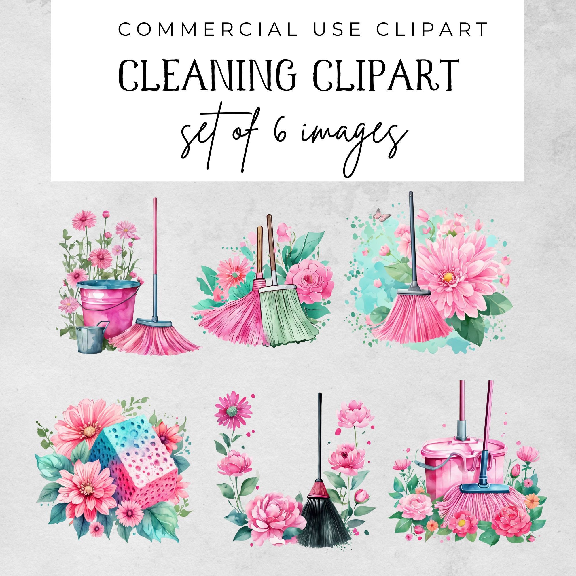 Watercolor Cleaning Clipart Bundle, Pastel Pink Girly Cleaner, Mop