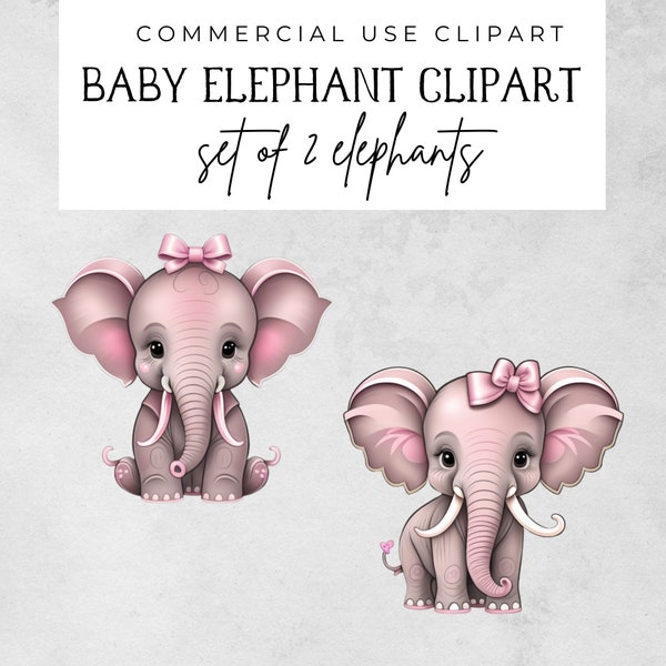 elephant clipart, baby elephants illustration, cute elephant with bow, nursery elephant print, pink baby elephant png, baby shower, card