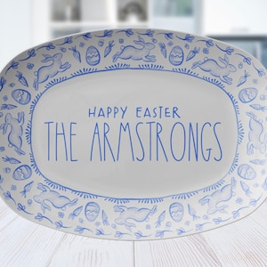 Personalized Easter Toile Platter Custom Bunny Plate Unique Hostess Gift Chinoiserie Botanical Toile Plate Floral Serving Tray Gift for Mom