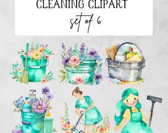 Watercolor Cleaning Clipart Bundle, Pastel Teal Girly Cleaner, Mop, Bucket, Vacuum, Cleaning Sublimation Design, Cleaning Images, Clean Png