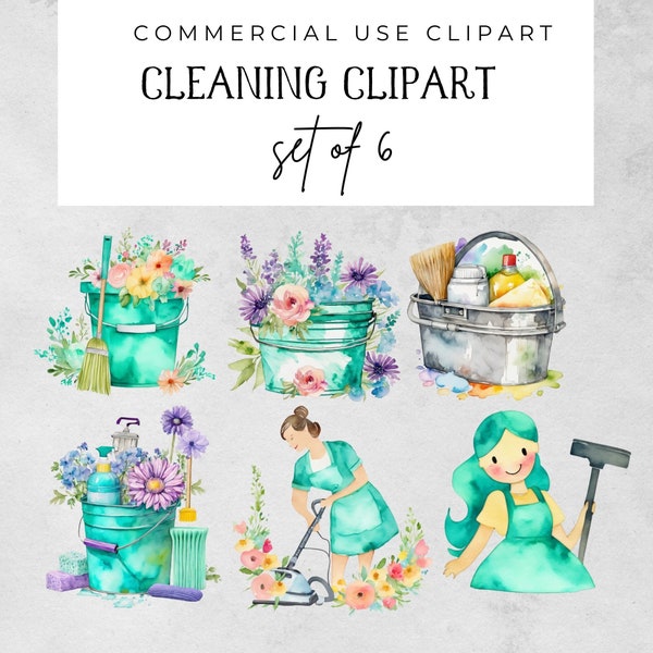 Watercolor Cleaning Clipart Bundle, Pastel Teal Girly Cleaner, Mop, Bucket, Vacuum, Cleaning Sublimation Design, Cleaning Images, Clean Png