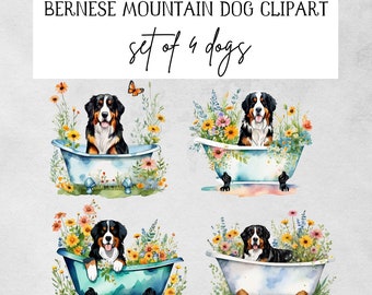 Bernese mountain dog clipart,  graphic art portrait, bernese mountain dog png, dog in bathtub, clawfoot tub clipart, watercolor dog clip art