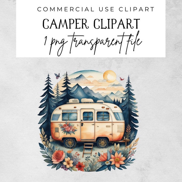Camper Clipart, Watercolor Cute Caravan PNG Digital Clip Art, Vacation Clipart, Camping Travel Illustrations, Floral Camper, T-shirt png