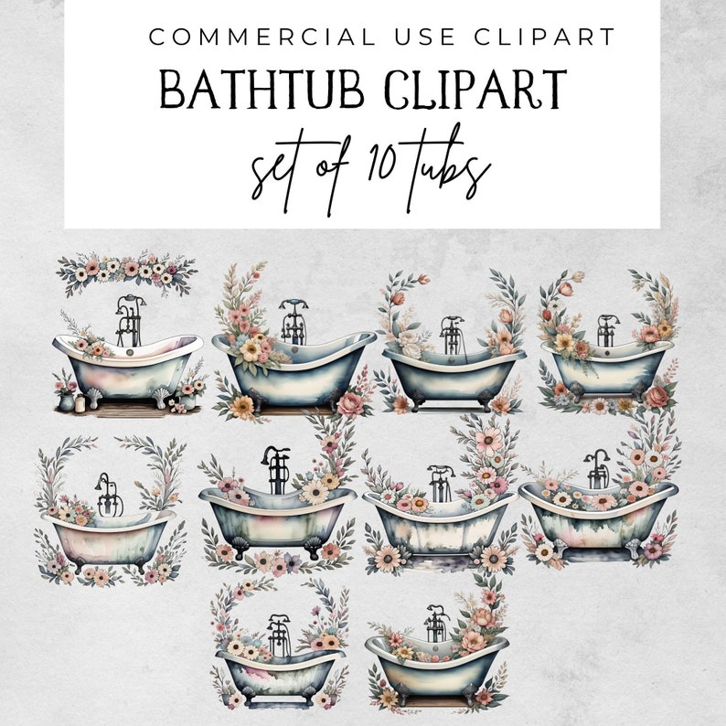 Watercolor Bathtub Clipart Clawfoot Tub Clip Art Vintage Etsy