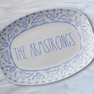 Personalized Blue and White Toile Platter, Custom Serving Dish, Chinoiserie Style, Unique Gift for Mom, Bunny Design, Unique Hostess Gift
