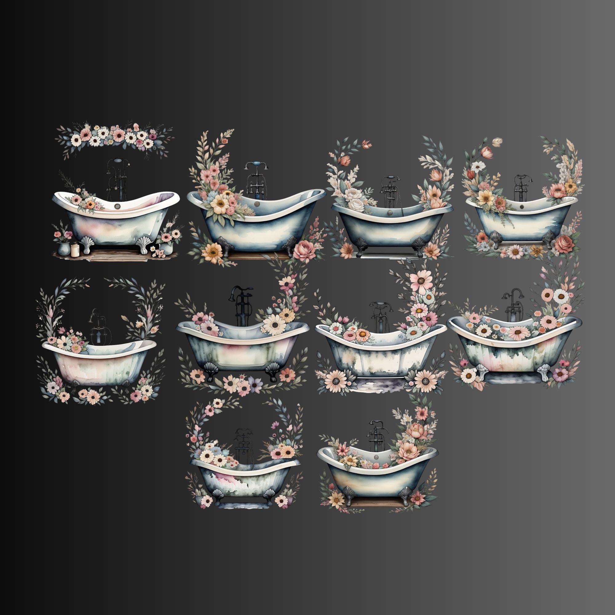 Watercolor Bathtub Clipart Clawfoot Tub Clip Art Vintage Etsy