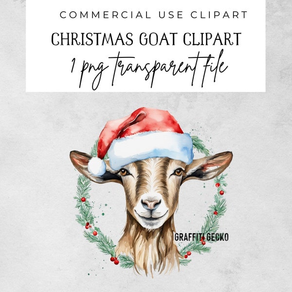 Goat Clipart, Christmas Goat clipart, Goat wearing Santa hat, Commercial use, Digital Download, Watercolor Clipart, Card Making, PNG File