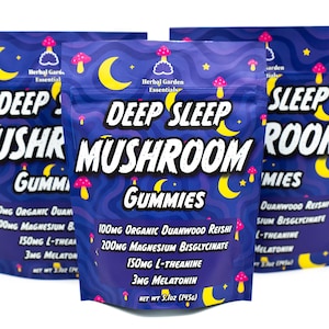 May include: Three purple pouches of Deep Sleep Mushroom Gummies by Herbal Garden Essentials. The packaging features yellow crescent moons, stars, and pink mushrooms. Each pouch lists 100mg Organic Duanwood Reishi, 200mg Magnesium Bisglycinate, 150mg L-Theanine, 3mg Melatonin, and a net weight of 5.1oz.
