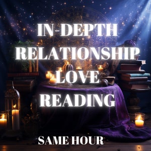 May include: A purple velvet tablecloth with candles and books, a star chart, and the text "IN-DEPTH RELATIONSHIP LOVE READING SAME HOUR".