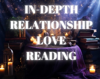 May include: A purple velvet tablecloth with candles and books, a star chart, and the text "IN-DEPTH RELATIONSHIP LOVE READING SAME HOUR".
