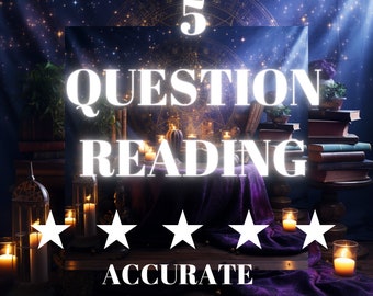 Może przedstawiać: Mistyczna scena z świecami, książkami i fioletowym materiałem. Tekst głosi "5 Question Reading, Accurate, Same Hour". Pięć gwiazdek jest wyświetlonych pod tekstem.