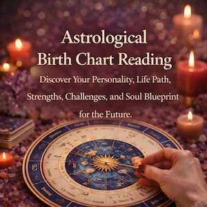 May include: An image advertising astrological birth chart readings. The image shows a detailed astrological chart with a hand pointing to it, surrounded by lit candles and text that reads "Astrological Birth Chart Reading". The background is a soft, blurred bokeh of purple and gold.