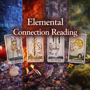 May include: An image featuring four tarot cards with illustrations, the text "Elemental Connection Reading", a lit red candle, crystals, and a seashell. The cards depict figures with a chalice, wand, sword, and pentacle.