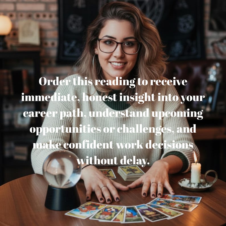 May include: A purple velvet tablecloth with five white stars and the text "CAREER READING" in white. The text "ACCURATE SAME HOUR" is also in white. The table is set with candles and books. Psychic Career Reading – Same Hour Guidance.