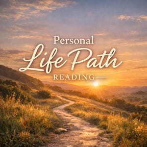 May include: A scenic landscape with a winding path leading towards a bright sunset. The image features the text "Personal Life Path Reading" in elegant script, set against a backdrop of rolling hills and a vibrant sky.