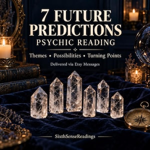 May include: Six clear quartz crystal points arranged on dark blue velvet. Text reads: 7 FUTURE PREDICTIONS PSYCHIC READING, Themes, Possibilities, Turning Points, Delivered via Etsy Messages, SixthSenseReadings. Includes a gold compass and candles.