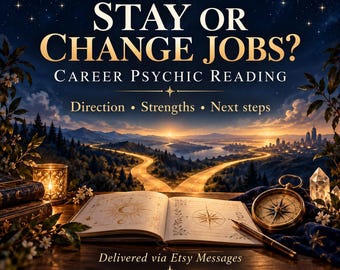 Könnte beinhalten: Ein aufgeschlagenes Buch mit himmlischen Illustrationen liegt auf einem Holztisch neben einem Messingkompass und einem Stift. Der Text lautet: STAY OR CHANGE JOBS? CAREER PSYCHIC READING, Direction, Strengths, Next steps, Delivered via Etsy Messages, SixthSenseReadings.