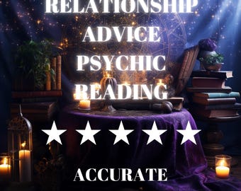 May include: A purple table cloth with five white stars and the text "RELATIONSHIP ADVICE PSYCHIC READING ACCURATE SAME HOUR" on a dark background with candles and books.