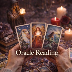 Puede incluir: Tres cartas de oráculo con un búho, un ángel y una sirena se muestran frente a un fondo borroso con velas y una estatua. El texto "Oracle Reading" se muestra en la parte inferior de las cartas.