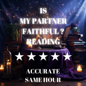 Può includere: Un tovaglia da tavolo viola scuro con cinque stelle bianche e il testo "IS MY PARTNER FAITHFUL? READING ACCURATE SAME HOUR" su una superficie in legno scuro. Il tavolo è apparecchiato con candele e libri.