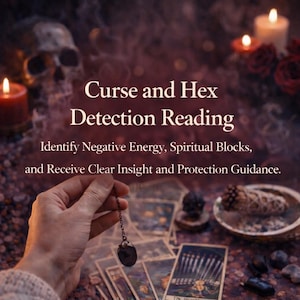 May include: An image featuring the text "Curse and Hex Detection Reading." The image includes lit candles, roses, a skull, tarot cards, and a hand holding a pendulum. The text also reads "Identify Negative Energy, Spiritual Blocks, and Receive Clear Insight and Protection Guidance."