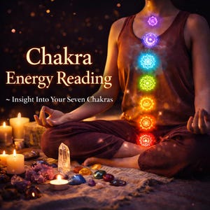 May include: Image featuring the text "Chakra Energy Reading ~ Insight Into Your Seven Chakras." A person is meditating with glowing chakra symbols overlaid on their body. Candles and crystals are arranged in front of the person.