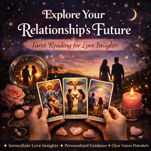 Könnte beinhalten: Ein Bild, das eine Tarot-Lesung bewirbt. Das Bild zeigt drei Tarotkarten, eine brennende Kerze und eine Kristallkugel. Der Text lautet "Erforsche deine Beziehungszukunft" und "Tarot-Lesung für Liebes-Einblicke."