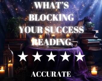 Könnte beinhalten: Ein dunkelblauer und violetter Hintergrund mit Sternen und einem leuchtenden Kreis. Der Text "WHAT'S BLOCKING YOUR SUCCESS READING" ist in Weiß. Fünf weiße Sterne befinden sich unter dem Text. Der Text "ACCURATE SAME HOUR" ist in Weiß unter den Sternen.