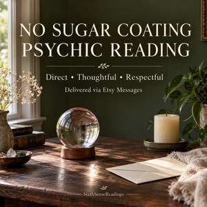 May include: A clear crystal sphere on a circular wooden base sits on a dark wooden table. Text reads: NO SUGAR COATING PSYCHIC READING, Direct • Thoughtful • Respectful, Delivered via Etsy Messages, and SixthSenseReadings. A candle and envelope are nearby.