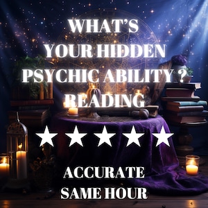 Puede incluir: Un mantel de mesa morado con seis estrellas blancas sobre él. La mesa está puesta con velas y libros. El texto en la imagen dice "What's your hidden psychic ability? Reading. Accurate. Same Hour."